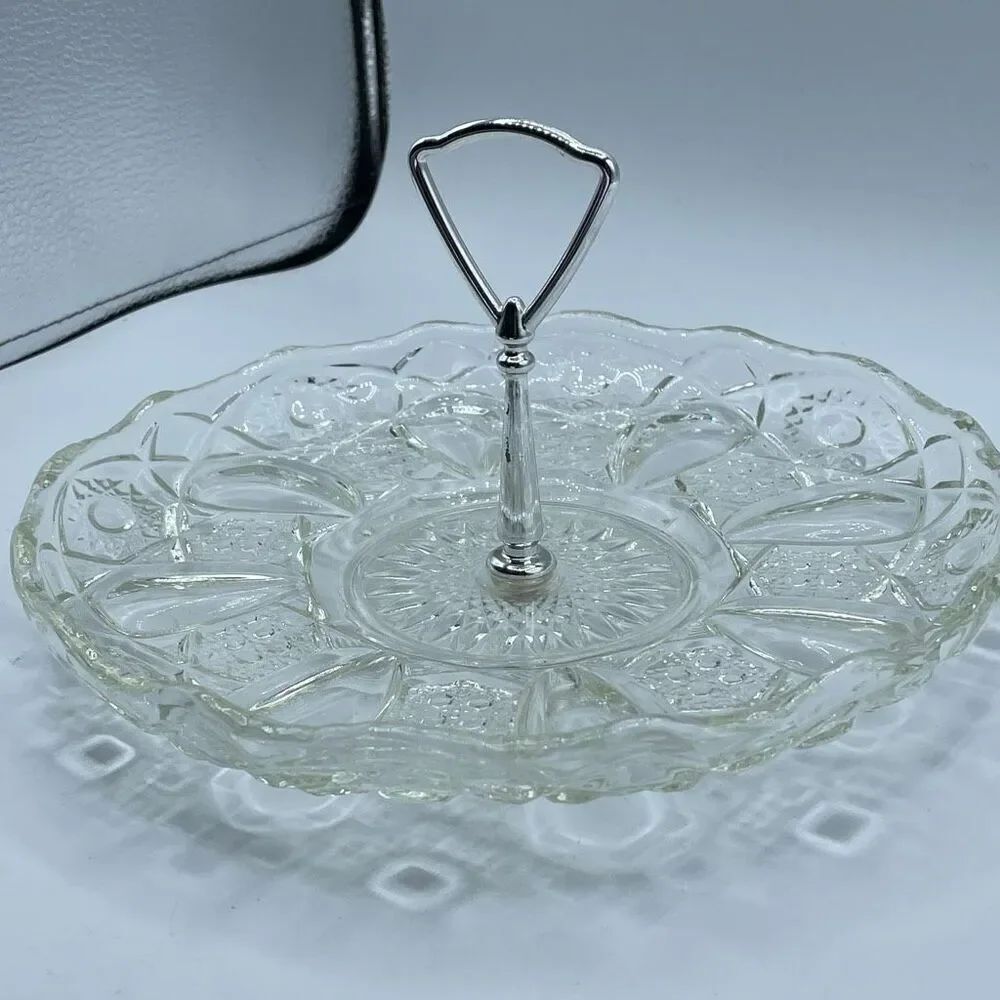 Fostoria Tiara glass single-tier serving tray scalloped edge silver colored hand